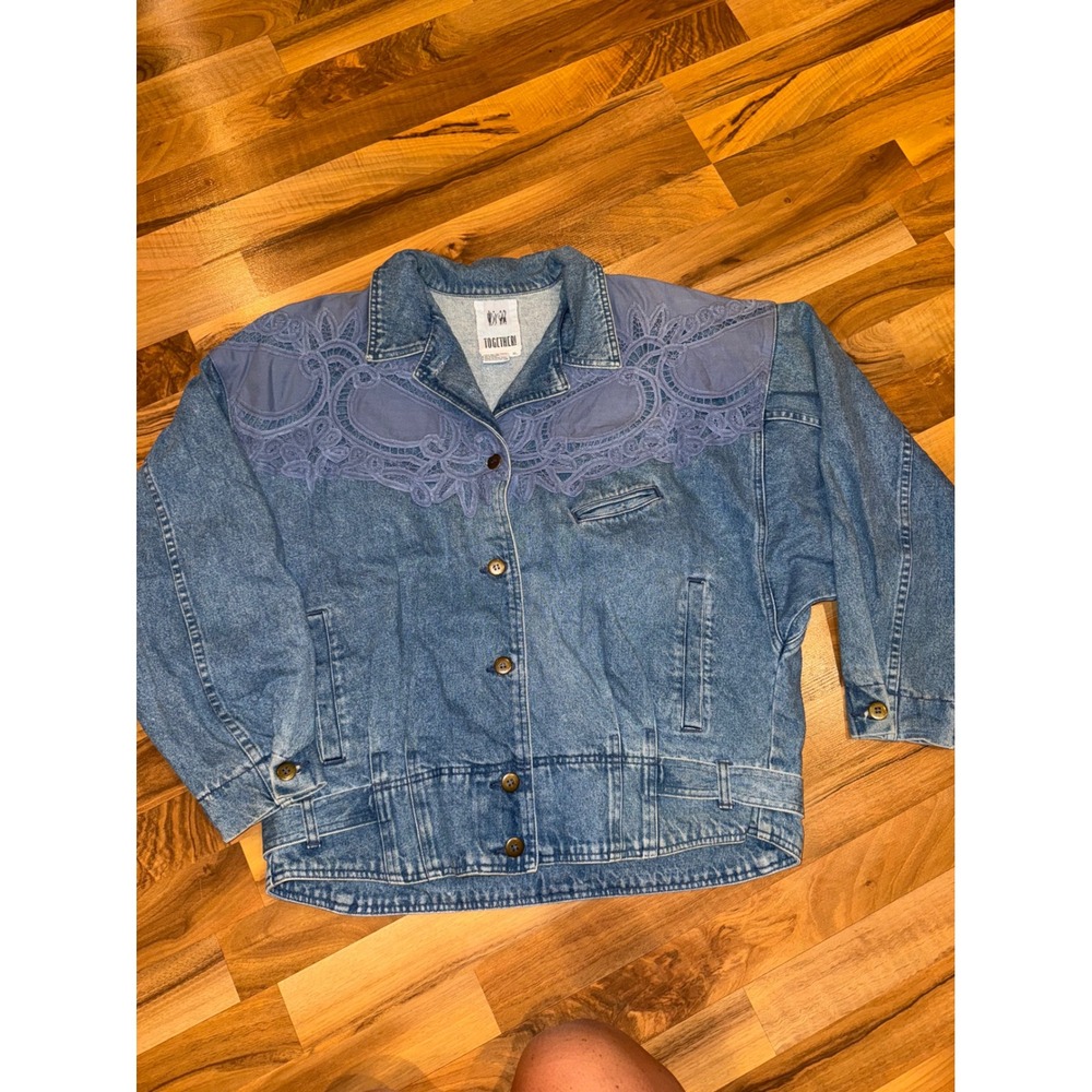 Vintage Together! Denim Jacket XL Blue Lace Applique Western Style granny chic